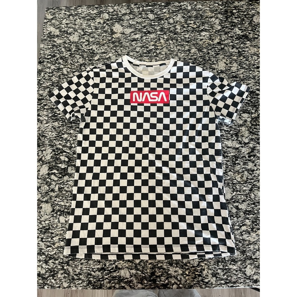 NASA Tee Shirt Mens Black White Checkerboard‎ Print Spellout Logo Casual Wear